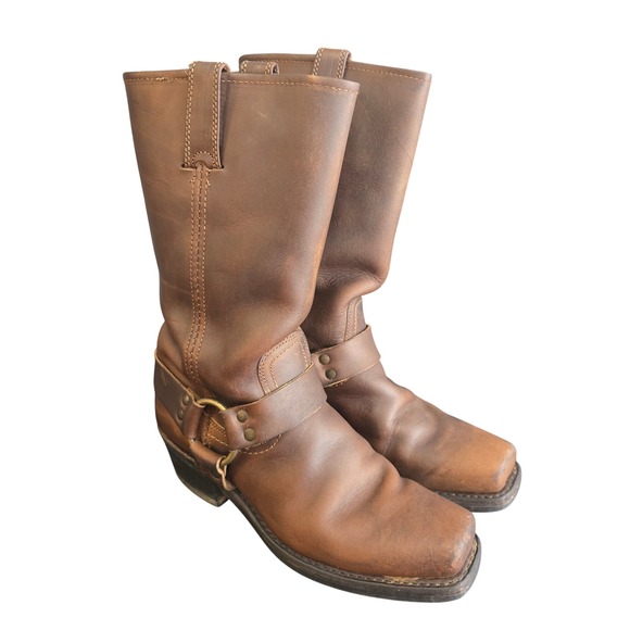 VTG Frye Womens Brown Leather Harness Boots Square Toe Western Cowboy 7M 77300-3 - Picture 1 of 12